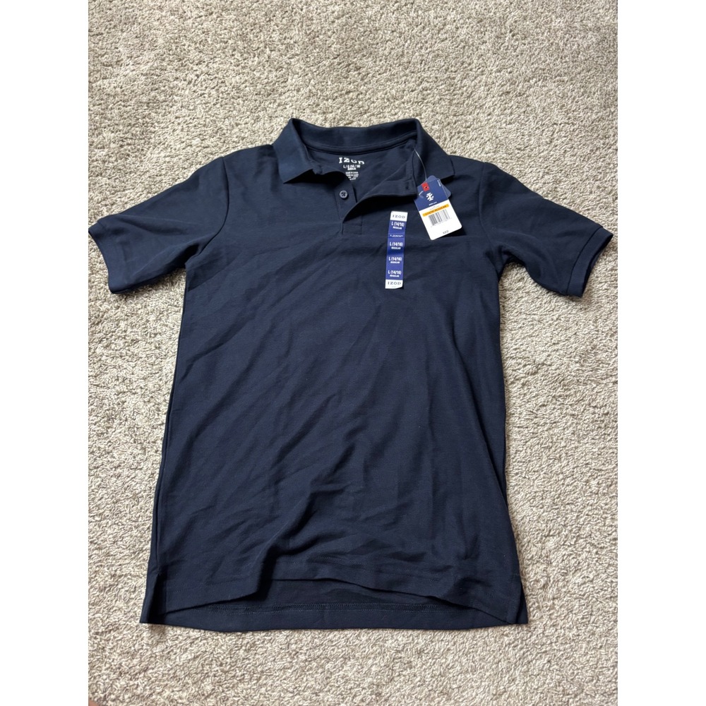 IZOD Boys Navy Blue Short Sleeve Polo Shirt Stretch Easy Care Size L 14/16 NWT